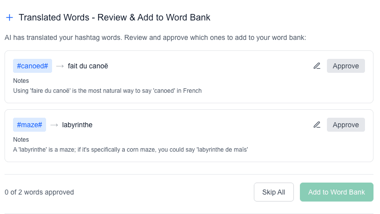 Words translated in context