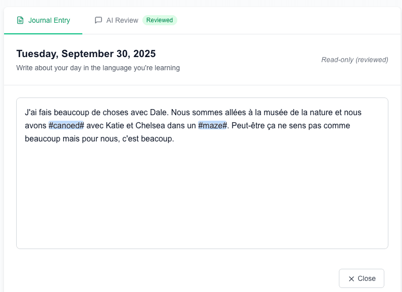 Journal entry with highlighted new words
