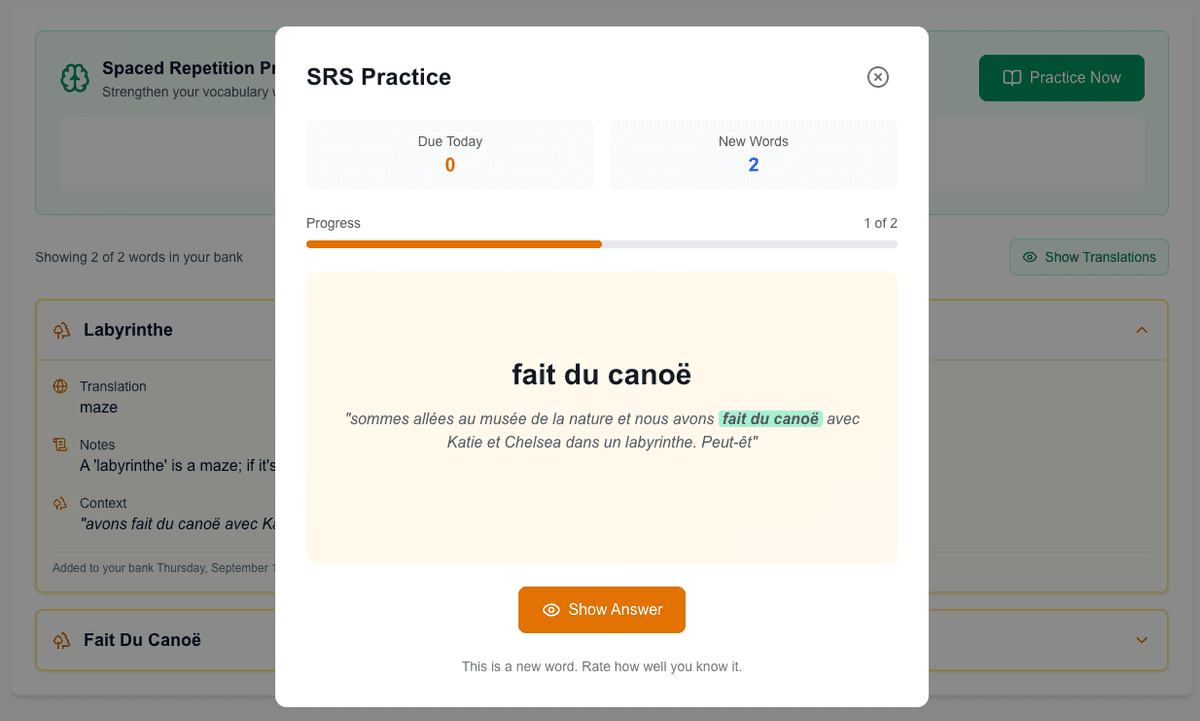 Spaced repetition system showing words in context